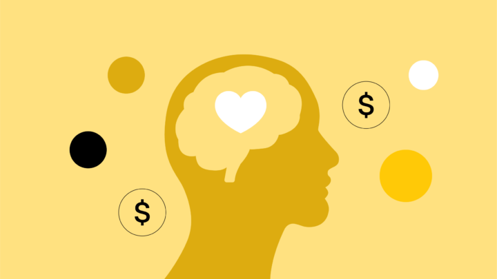 A yellow silhouette of a head with a heart in the brain area, surrounded by dots and dollar signs on a light yellow background, symbolizing innovative Nurse Practitioner Business Ideas that blend compassion with entrepreneurial success.