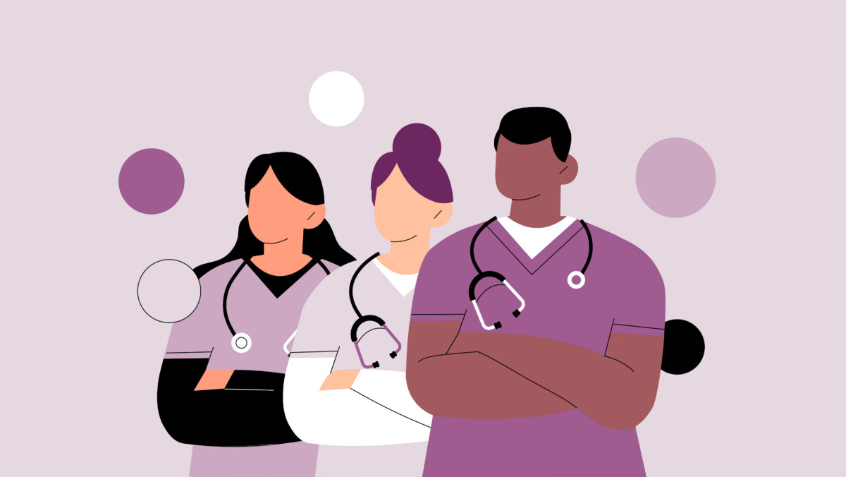 Illustration of three healthcare professionals in scrubs with stethoscopes, standing together against a light purple background with abstract circular shapes