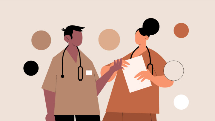 Two illustrated healthcare professionals with stethoscopes stand together, one holding a paper.