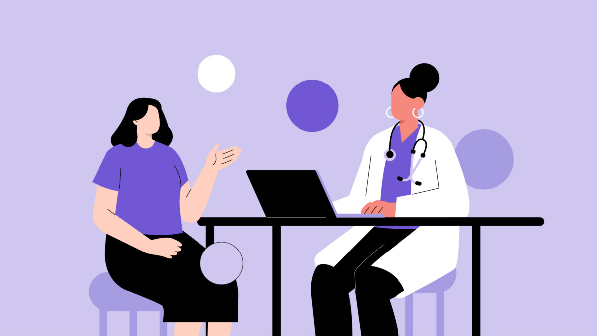 Illustration of a doctor with a stethoscope talking to a patient across a desk with a laptop, highlighting the importance of patient confidentiality.