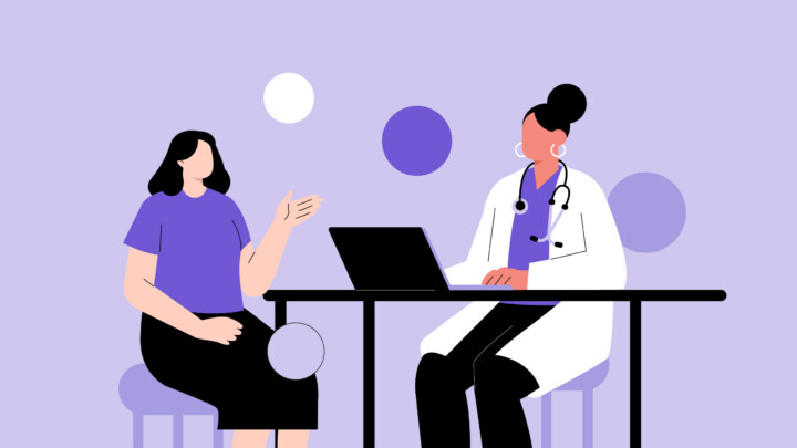Illustration of a doctor with a stethoscope talking to a patient across a desk with a laptop, highlighting the importance of patient confidentiality.