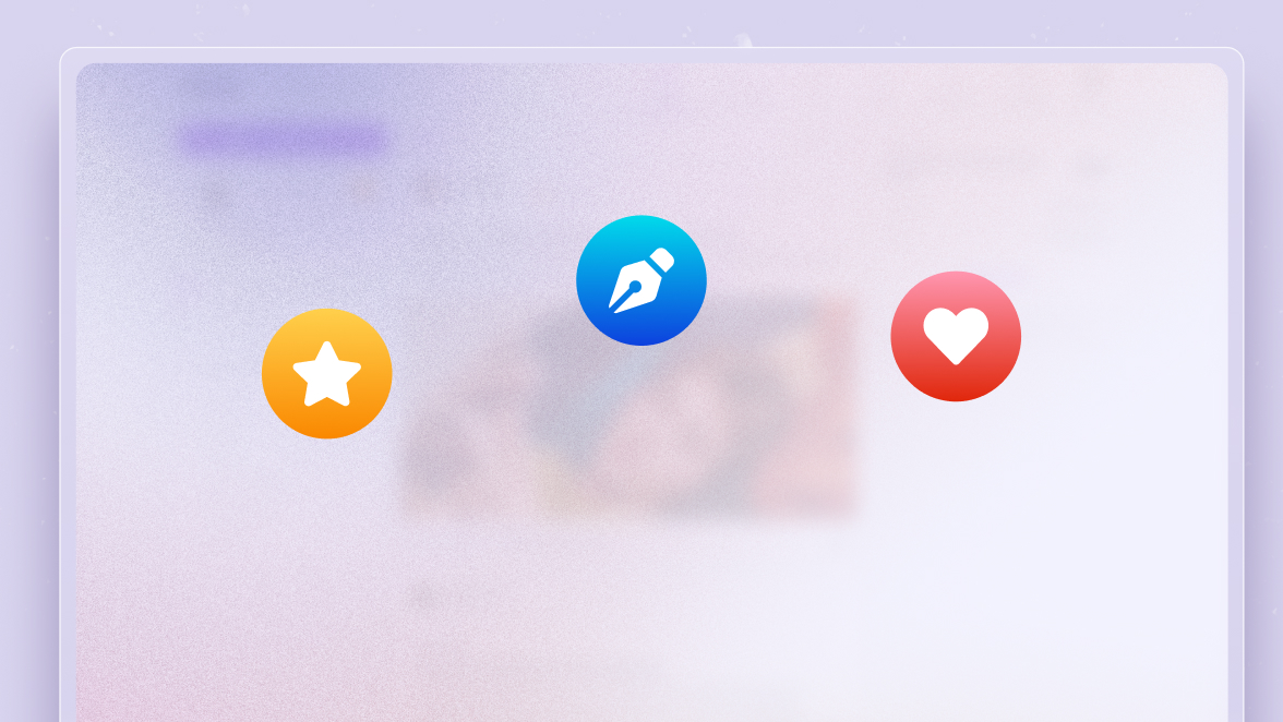 Three circular icons—a yellow star, a blue pencil, and a red heart—are displayed in a row on a blurred, pastel background.