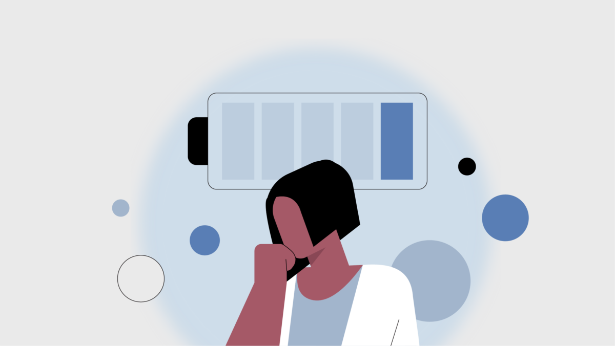 Illustration of a person with head resting on hand, looking tired, with a nearly empty battery icon above their head and abstract circles in the background—capturing the fatigue often experienced in a demanding nursing work environment.
