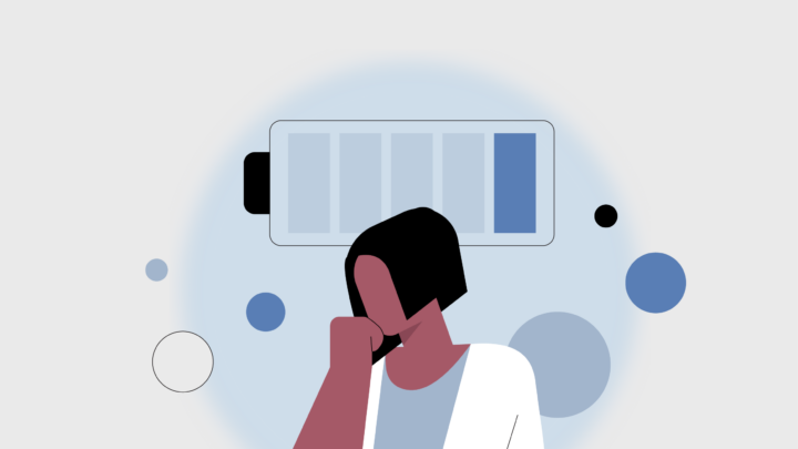 Illustration of a person with head resting on hand, looking tired, with a nearly empty battery icon above their head and abstract circles in the background—capturing the fatigue often experienced in a demanding nursing work environment.