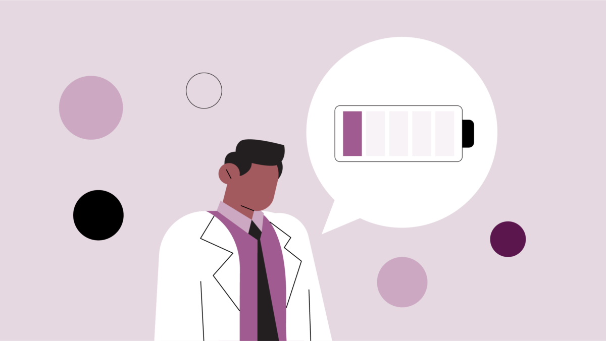 Illustration of a person in a white coat with a speech bubble showing a low battery icon, set against a background with purple and black circles—capturing the challenges that can affect pharmacist job satisfaction.