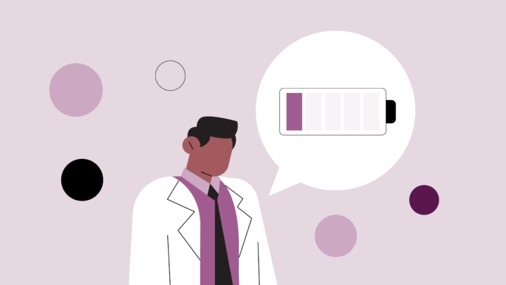 Illustration of a person in a white coat with a speech bubble showing a low battery icon, set against a background with purple and black circles—capturing the challenges that can affect pharmacist job satisfaction.