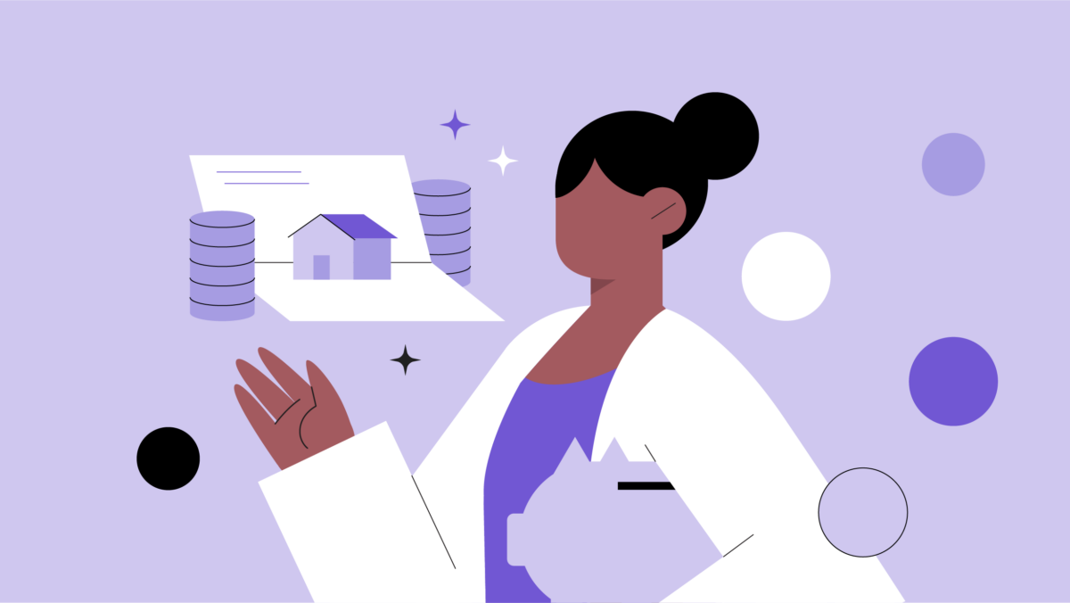 Illustration of a person in a lab coat holding documents with a house, coins, and papers, symbolizing financial or real estate analysis—highlighting issues such as the physician gender pay gap within the medical field.