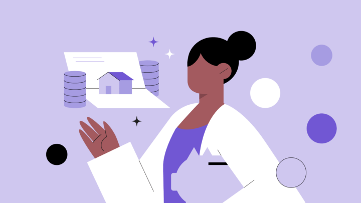 Illustration of a person in a lab coat holding documents with a house, coins, and papers, symbolizing financial or real estate analysis—highlighting issues such as the physician gender pay gap within the medical field.