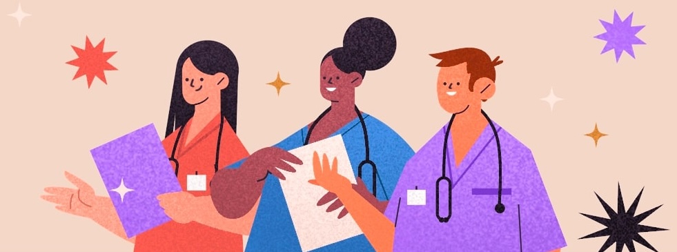 Illustration of three healthcare professionals with stethoscopes holding charts, standing together as physician leaders against a beige background with colorful star shapes.
