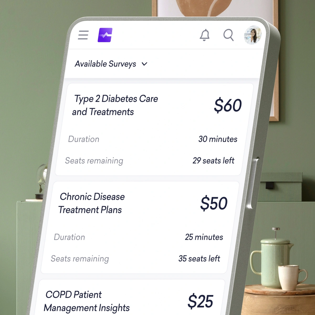 A smartphone screen displays paid survey options on healthcare topics, including diabetes and chronic disease, along with details such as durations, rewards, available seats, and even an earnings calculator to help physicians estimate their potential survey income.