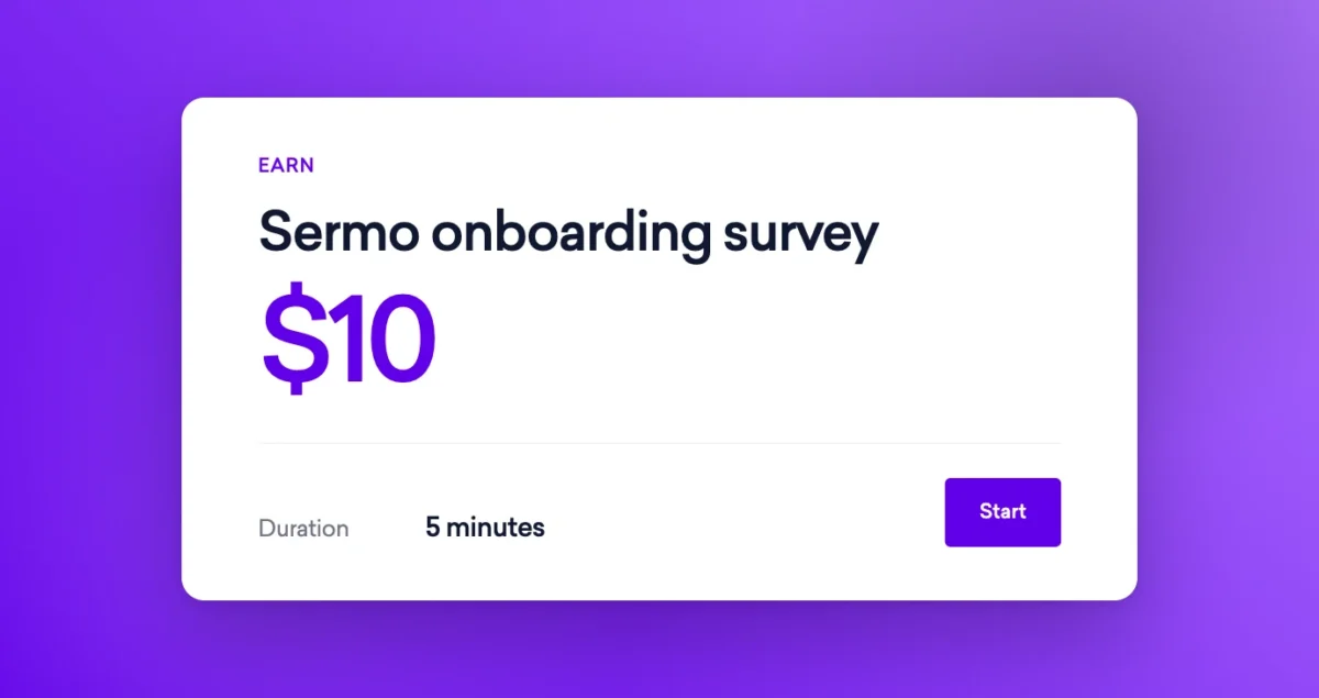Card for a 5-minute Sermo onboarding survey that pays $10, with a Start button.