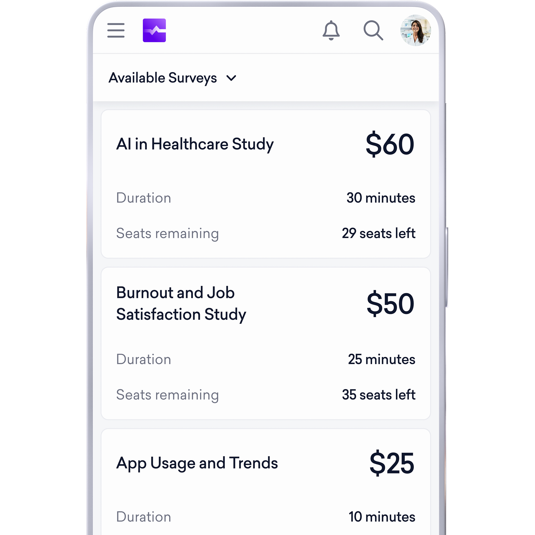 A mobile app screen shows three paid medical surveys: $60 for a healthcare study, $50 for a job study, and $25 for an app usage study, each listing time and seats left.