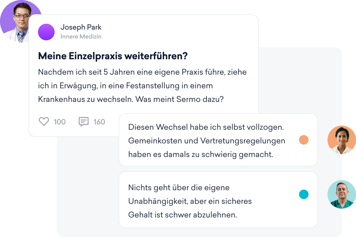Ein Arzt bittet in einem sozialen Netzwerk für Ärzte um Rat zum Wechsel von der Privatpraxis in eine Krankenhausstelle; es gibt zwei Antworten von Kollegen.