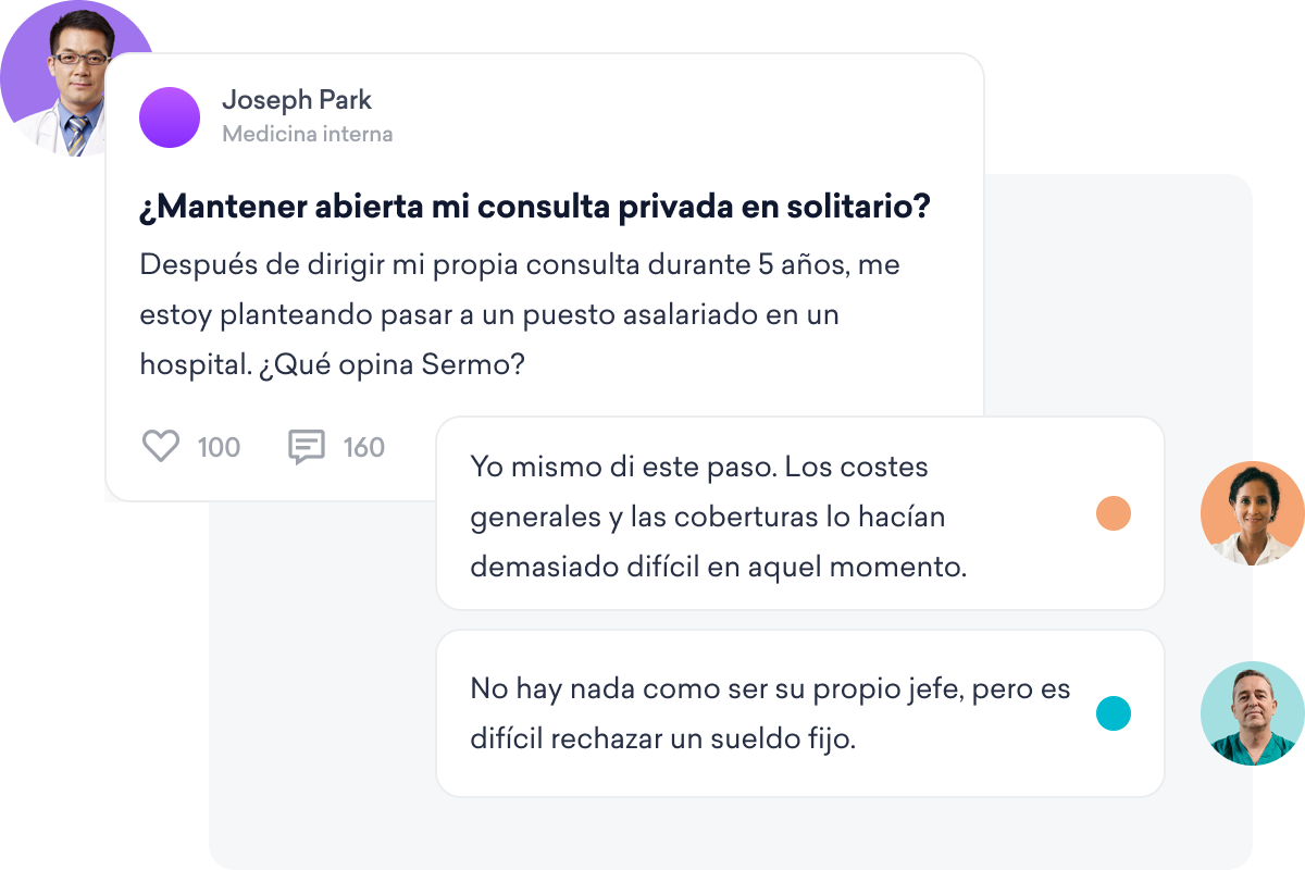 Un hilo de debate en una red social para médicos en el que un médico solicita asesoramiento profesional, seguido de dos respuestas de otros profesionales de la medicina.