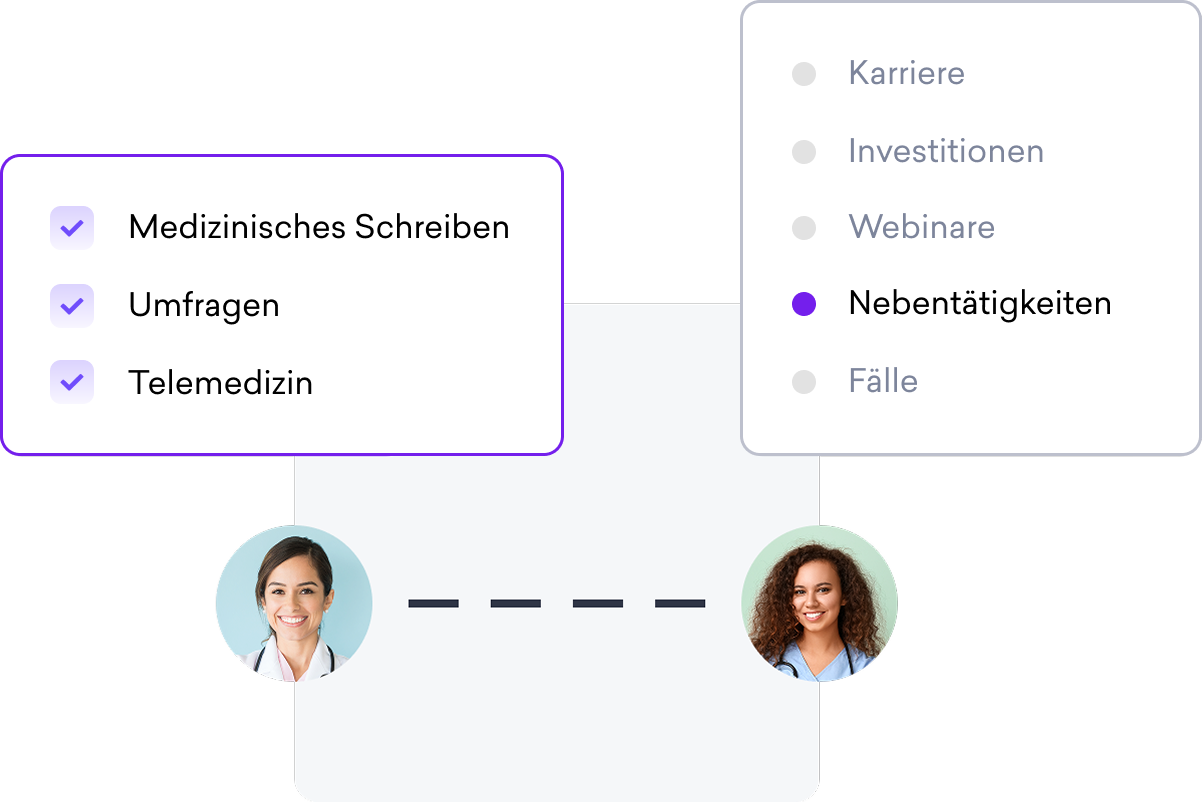 Eine Grafik, auf der zwei medizinische Fachkräfte durch eine Linie miteinander verbunden sind und die ein soziales Netzwerk für Ärzte darstellt, mit Menüs für Dienstleistungen wie medizinisches Schreiben und Nebenjobs.