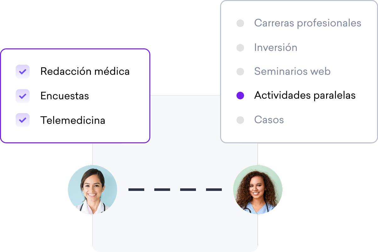 Dos menús en los que se enumeran categorías de servicios médicos, con retratos de dos profesionales sanitarios unidos por una línea discontinua en un fondo rojo «social para médicos».