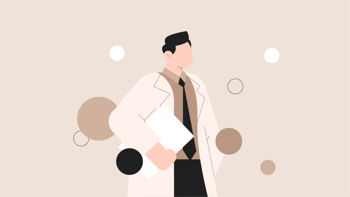 A doctor in a lab coat and tie holding a clipboard, representing an MBA for doctors.