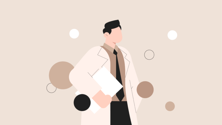 A doctor in a lab coat and tie holding a clipboard, representing an MBA for doctors.