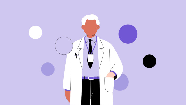An illustration of a doctor in a white coat, shirt, and tie, wearing a lanyard against a purple background with abstract circles, styled as a physician impersonation.