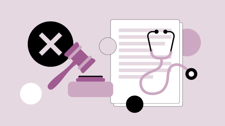 A gavel and a stethoscope resting on a document, illustrating the difference between claims-made vs occurrence malpractice insurance.
